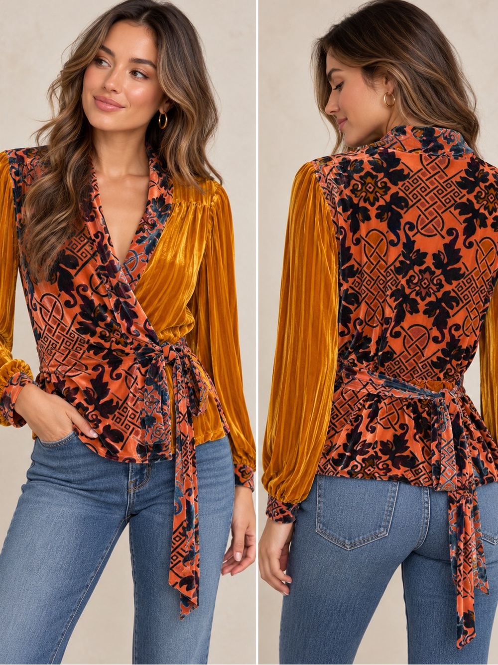 Moulinette Soeurs Rust and Mustard Velvet Wrap Blouse Size M Boho Holiday